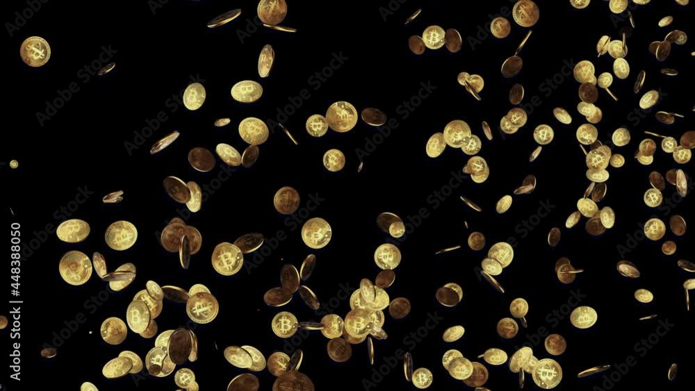 Poster 3d render design of gold coins falling on black loop background. green screen. mining and financial 