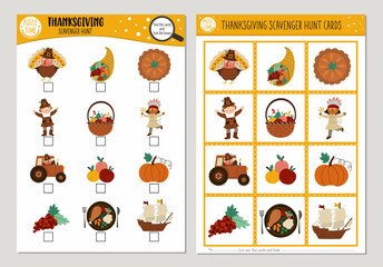 Vector Thanksgiving scavenger hunt cards set. Seek and find game with cute turkey, pumpkin, pilgrim for kids. Autumn Fall holiday searching activity. Simple educational printable worksheet..