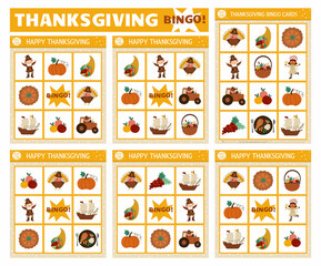 Vector Thanksgiving bingo cards set. Fun family lotto board game with cute turkey, pumpkin, pilgrim for kids. Autumn Fall holiday lottery activity. Simple educational printable worksheet.. - obrazy, fototapety, plakaty
