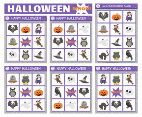 Vector Halloween bingo cards set. Fun family lotto board game with cute witch, lantern, vampire for kids. Autumn Fall holiday lottery activity. Simple educational printable worksheet..