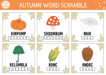 Vector Autumn word scramble activity cards. English language game with cute pumpkin, mushroom, umbrella for kids. Fall season family quiz. Simple educational printable worksheet set..