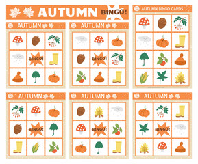 Vector Autumn bingo cards set. Fun family lotto board game with cute pumpkin, mushroom, umbrella for kids. Fall seasonal lottery activity. Simple educational printable worksheet..
