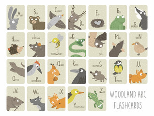 Woodland alphabet cards for children. Cute cartoon ABC set with forest animals. Funny flashcards for teaching reading or phonics for kids. English language letters pack.