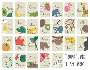 Tropical alphabet cards for children. Cute cartoon ABC set with exotic animals, birds, fruits, insects. Funny jungle flashcards for teaching reading or phonics for kids. English language letters pack. - obrazy, fototapety, plakaty