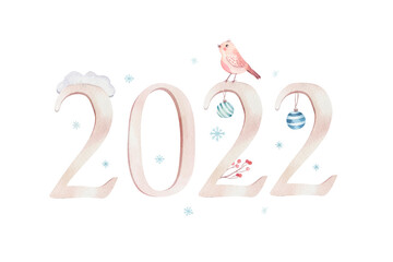 Watercolor Merry Christmas illustration with snowman, holiday cute animals deer, rabbit. 2022 Christmas celebration cards. Winter new year design.