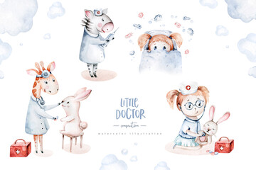 Cute cartoon animal zebra, hippo, giraffe doctor. pediatrics kids boy and girl. pills, ambulance, mask, bacteria, viruses, coronavirus. Watercolor hand drawn boy and girl doctor set