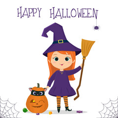 Halloween party. Cute girl dressed in a witch costume with a hat and a broom, a black kitten in a pumpkin and candy, a spider and a cobweb. Postcard, vector illustration.