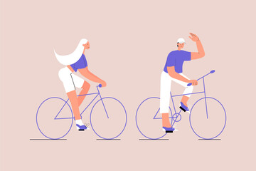 A couple rides bicycles. Spending time together. The man waves his hand. Eco-friendly urban transport. Post-quarantine lifestyle. Vector illustration on isolated background. Eps 10