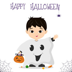 Halloween party. A cute Asian boy in a ghost costume is holding a pumpkin with sweets, a spider and a cobweb. Postcard, vector illustration.