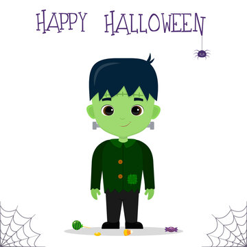 Halloween party. Cute boy dressed in a Frankenstein monster costume, candy and sweets, a spider and a cobweb. Postcard, vector illustration.