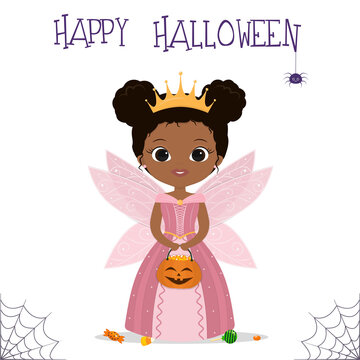 Halloween party. Cute African American girl dressed as a fairy princess with wings and a crown, holding a pumpkin with candy corn and lollipops, a spider and a web. Postcard, vector.