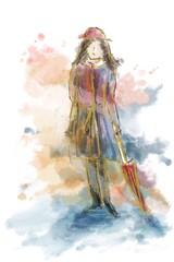 The girl in the rain drops with umbrella.