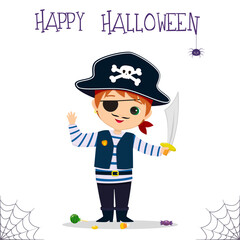 Halloween party. A cute Irish boy dressed as a pirate, holding a sword, candies and lollipops, a spider and a web. Postcard, vector illustration.
