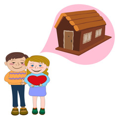 A married couple dream of a one-story wooden house. A man and a woman dream of moving to a village house. Vector illustration isolated on white background. - 448389625