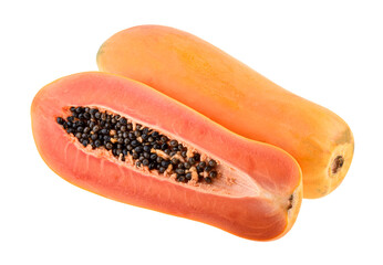 Ripe papaya fruit with slice half isolated on white background.