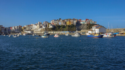 View of the fishing and tourist town of Malpica in front of the port. Galicia. Spain
