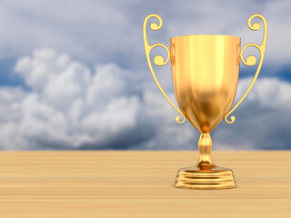 gold trophy cup on wooden table. 3d illustration