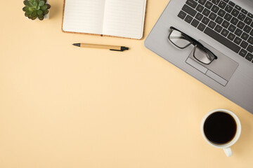 Overhead photo of grey laptop notebook pen glasses plant and cup of coffee isolated on the beige backdrop with blank space
