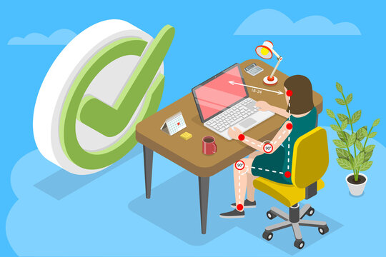 3D Isometric Flat Vector Conceptual Illustration Of Ergonomically Correct Workstation, Proper Sitting Posture At A Computer