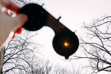 Real Solar Eclipse On March 20, 2015. Moon Covering Sun In Partial Eclipse.