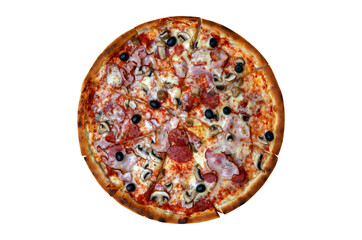 Appetizing pizza with shred, mushrooms, salami, cheese, olives - 448390895