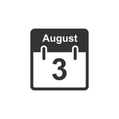 August 3 Calendar icon.Vector illustration,flat style Date,day of month Sunday Monday Tuesday Wednesday Thursday Friday Saturday. Weekend red letter day. Holidays in August.