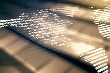 Virtual digital map of North America on blurry abstract metal background, international trading concept. Multiexposure