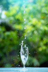 Drink water pouring in to glass over sunlight and natural green background.Select focus blurred background.
