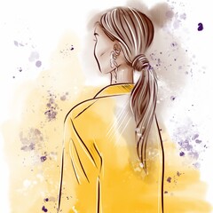 A fashionable illustration in the sketch technique. The picture shows a girl with long hair in a yellow oversized jacket. The background is abstract with purple splashes.