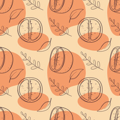 Hand drawn seamless pattern with mandarins on background with figured spots