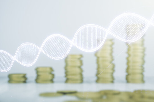 DNA hologram on coins background, science and biology concept. Multiexposure