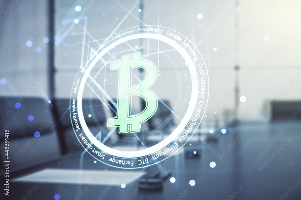 Poster double exposure of creative bitcoin symbol hologram on a modern boardroom background. mining and blo