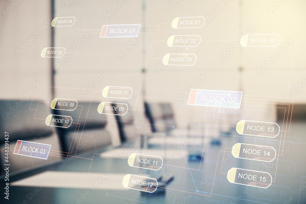 Poster multi exposure of abstract programming language hologram on a modern furnished office interior backg