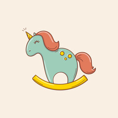 Hand drawn cute rocking horse unicorn on a white background