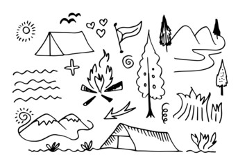 Hand drawn camping and hiking elements, isolated on white background.Camping Doodle Icons Sketch Hand Made.