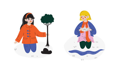 Little Girl Planting Tree Sapling in Soil and Playing with Paper Boat in Stream Enjoying Spring Season Vector Set