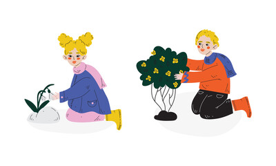 Little Boy and Girl Watching Blooming Snowdrop and Bush Enjoying Spring Season Vector Set
