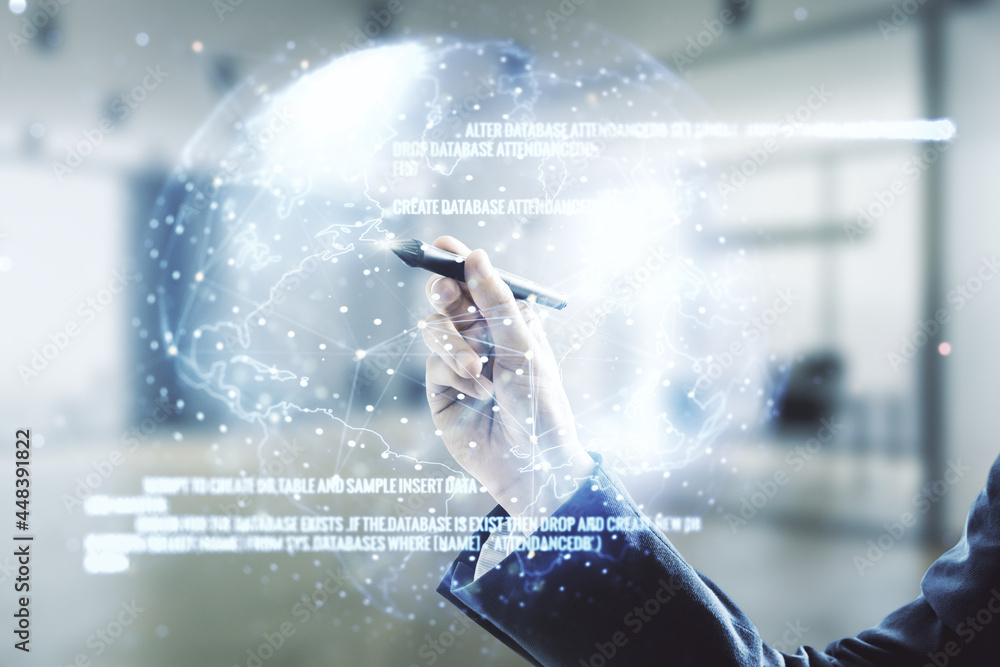 Poster double exposure of man hand with pen working with abstract creative programming illustration and wor