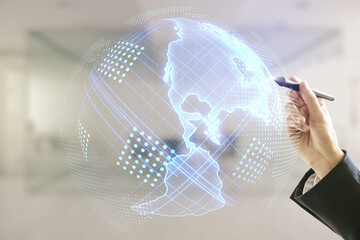 Double exposure of businessman hand with pen working with graphic America map on blurred office background, big data and digital technology concept