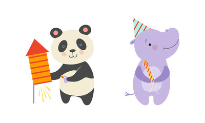 Cute Animal with Fireworks Enjoying Holiday Celebration Vector Set