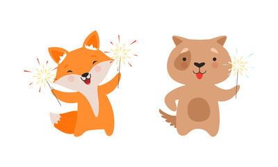 Cute Animal with Fireworks Enjoying Holiday Celebration Vector Set