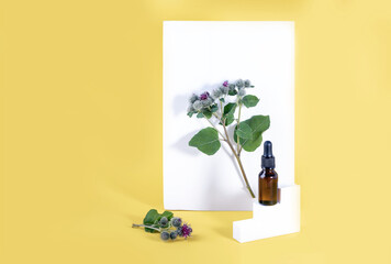 a burdock branch and a bottle of oil with geometric shapes on a yellow background