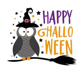 Happy Halloween- cute owl in witch hat, with broomstick. Good for greeting, and invitation card, poster, textile print, and other gifts design.