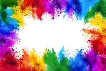 Rolgordijnen frame border with copy space of colorful rainbow holi paint color powder explosion isolated white background © stockphoto-graf