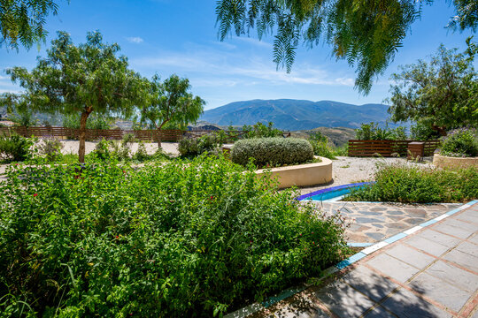 Lanjaron, Andalusia, Spain, park view near the outskirts of the town, sunny spring day