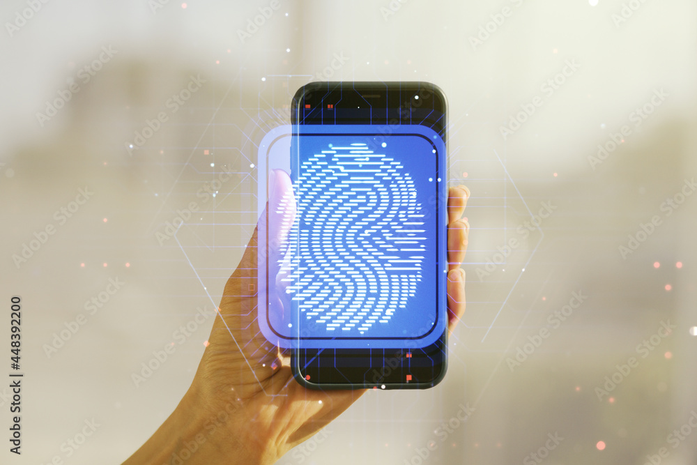Poster Multi exposure of abstract creative fingerprint illustration and hand with phone on background, digital access concept