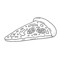 A slice of pizza with tomatoes and mushrooms. Fast food. Food. A quick snack. Vector. Doodle. Hand-drawn illustration. Silhouette. Black and white outline. Coloring.