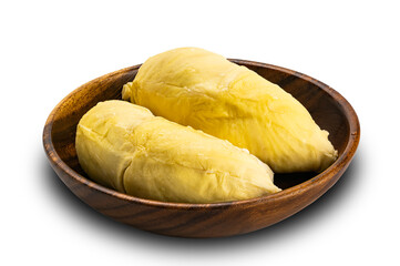 Ripe sweet durian in wooden plate on white background.