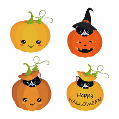 Set of cute black cats sitting in pumpkins for Halloween. Cartoon flat style. Vector illustration