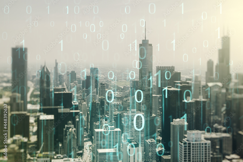 Poster abstract virtual binary code hologram on chicago cityscape background, ai and machine learning conce